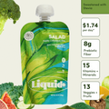 Green and blue squeeze pouch labeled "Liquid Salad" containing apple, cucumber, and kale drink with water droplets on surface
Nutrition facts #only:Sweetened with Stevia