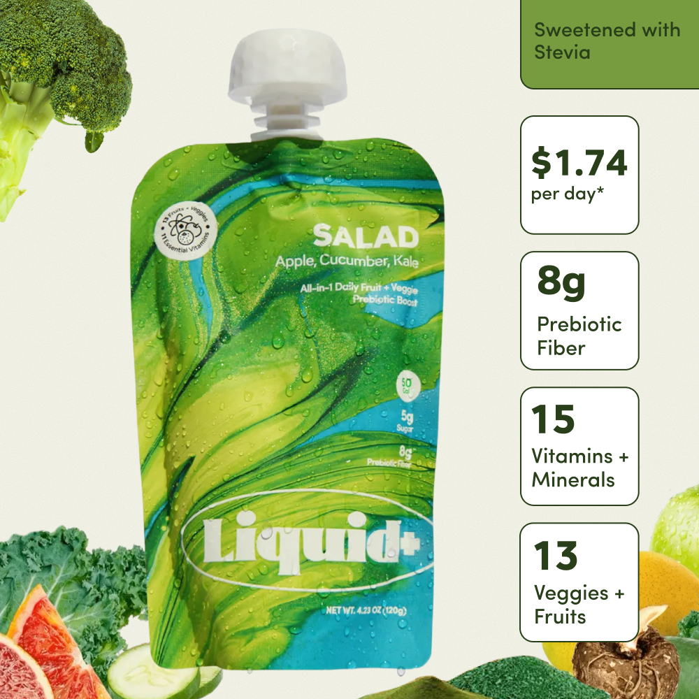 Green and blue squeeze pouch labeled "Liquid Salad" containing apple, cucumber, and kale drink with water droplets on surface
Nutrition facts #only:Sweetened with Stevia